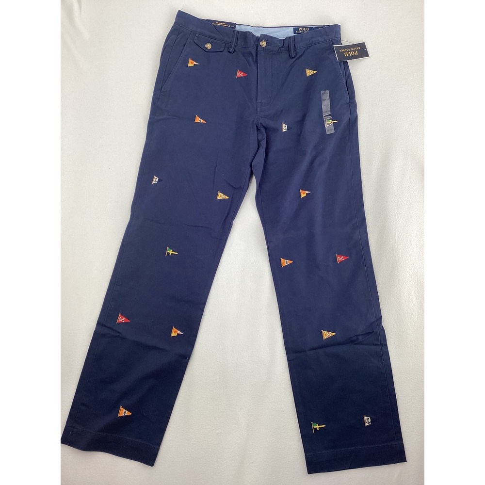 Polo Ralph Lauren Mens Navy Blue Embroidered Nautical Flag Chino Pants 33x32 NEW